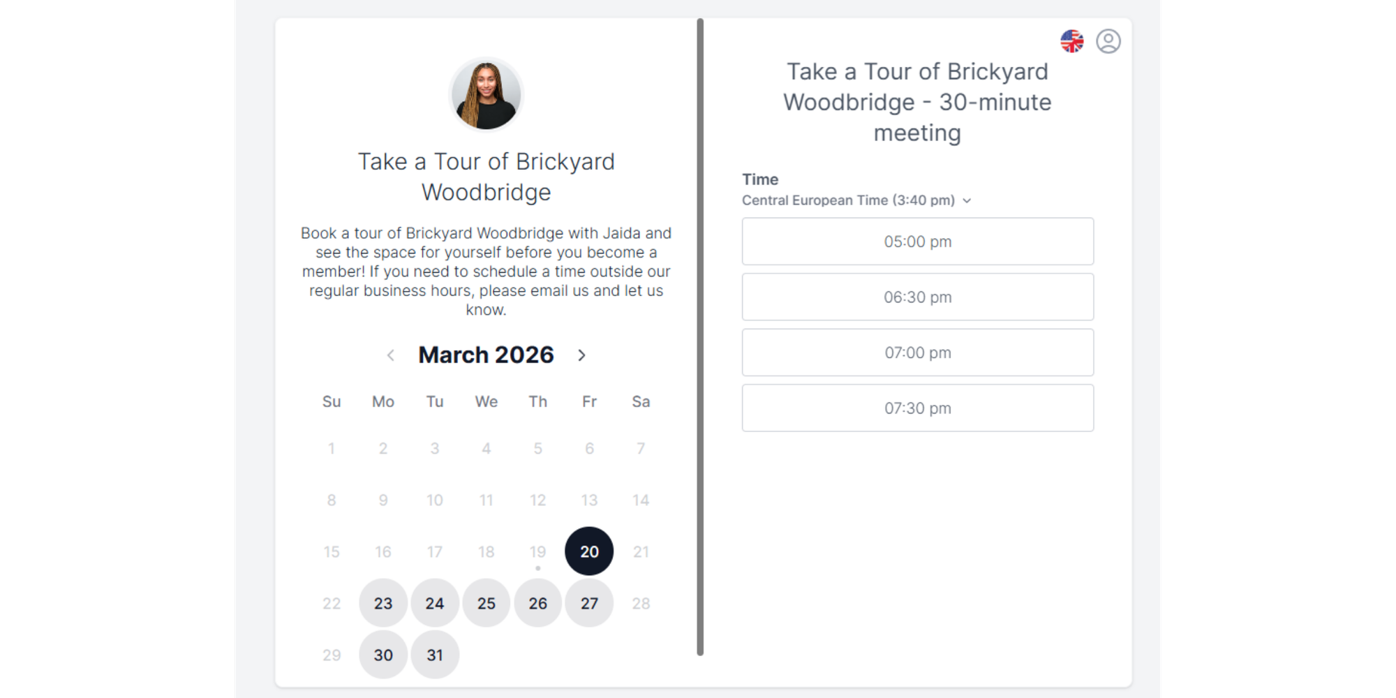 Example of Brickyard coworking booking page with Koalendar